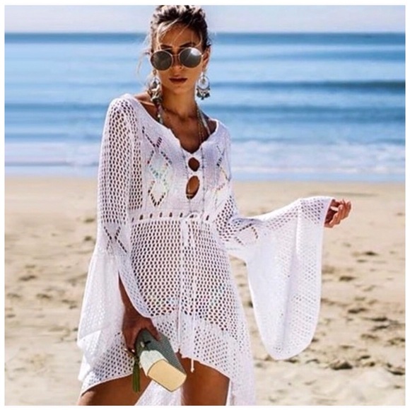 Crochet Open Knit Swimsuit Cover-Up in White - Picture 5 of 9